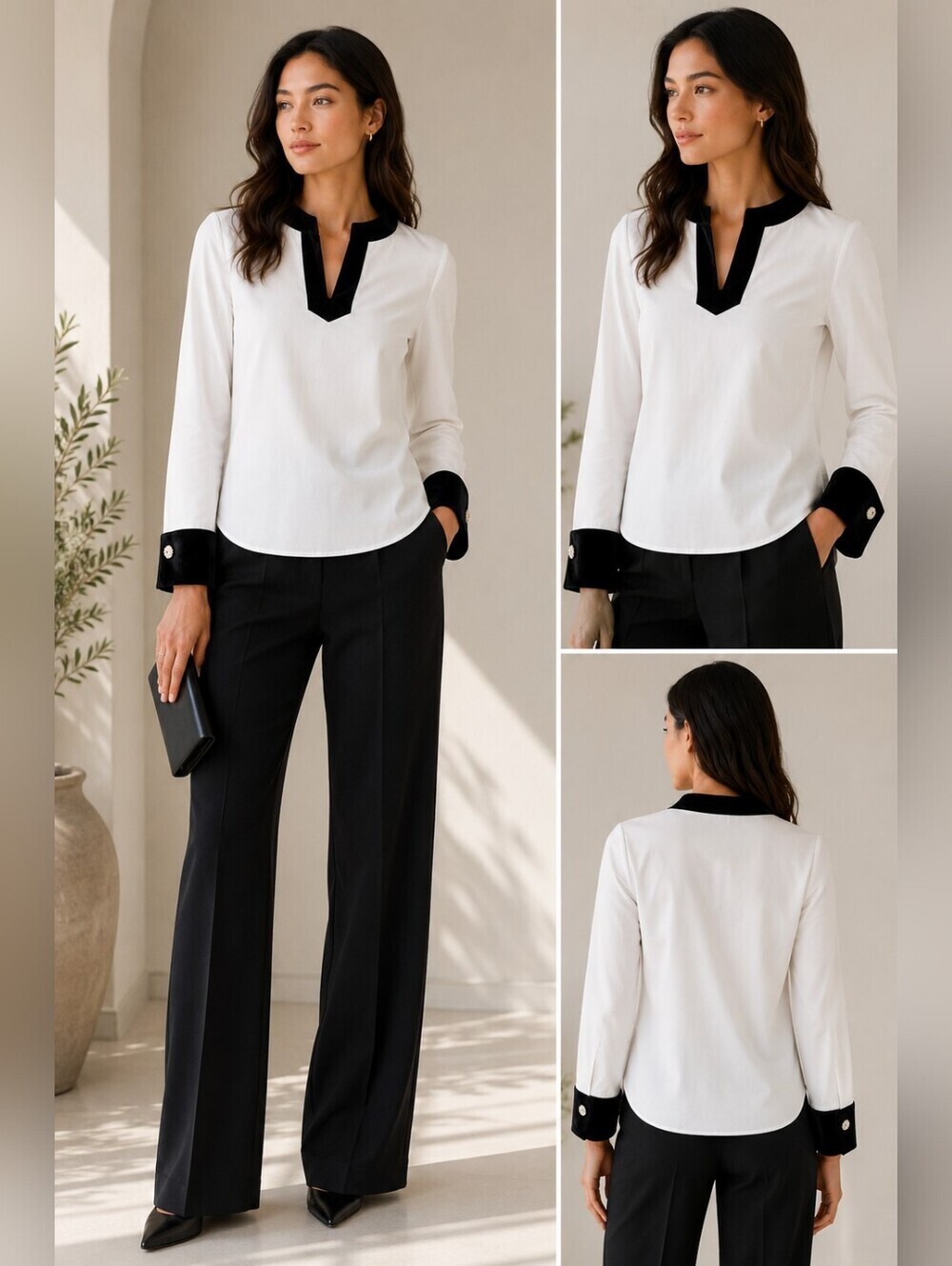 Talbots XL White Cotton Blouse Black Velvet Collar Cuffs Rhinestone Button Shirt